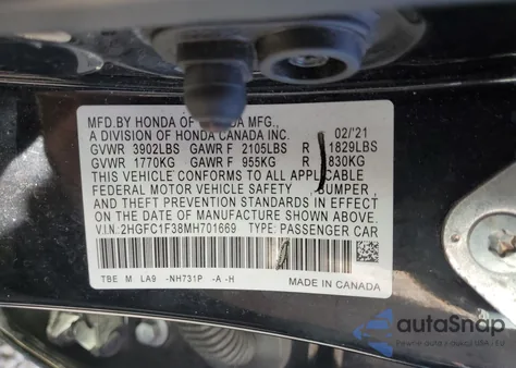 2021 Honda Civic Ex from USA, damaged, VIN 2HGFC1F38MH701669